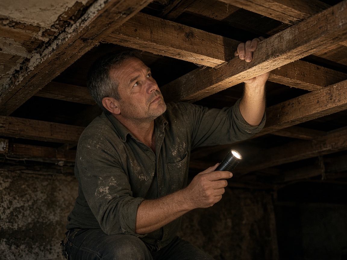 Victor Rodrigues checking joists