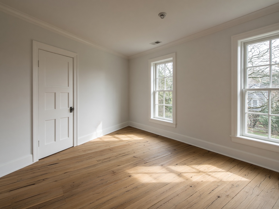 Rebuilt living room with new drywall and oak floor