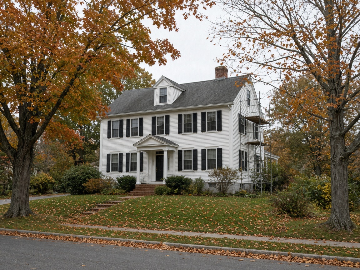 Massachusetts colonial with modest restoration scaffolding