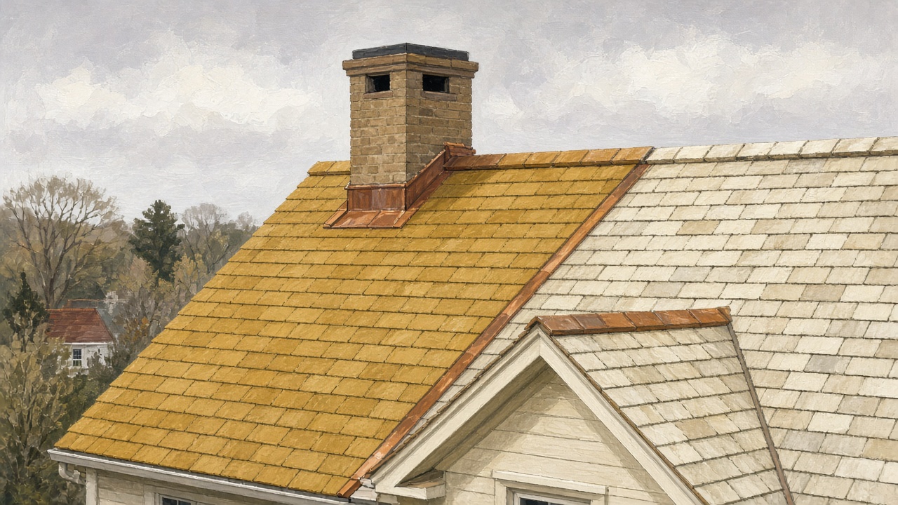 Cedar-shingle colonial roof during restoration work in Massachusetts