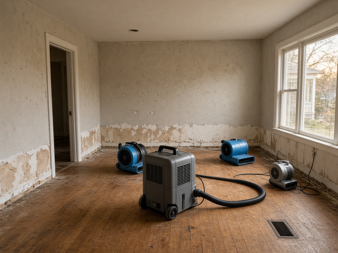Water-damaged ceiling being torn out with a dehumidifier